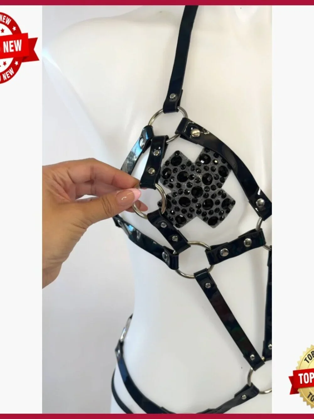 Patent Leather O-Ring Harness Teddy Bodysuit with Straps